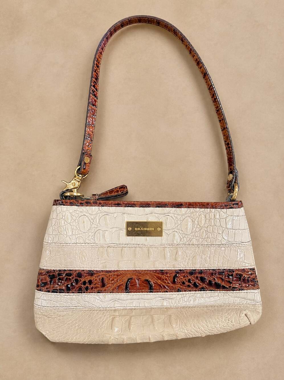 Brahmin Cream Croc Embossed Shoulder Bag White Brown Leather Purse Small